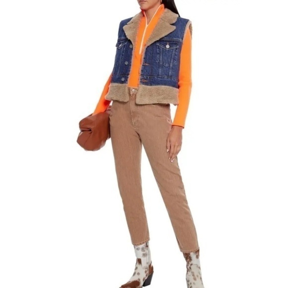 GANNI Fluffy Faux Shearling Sherpa Trim Denim Vest Gilet Embroidered Logo US 8